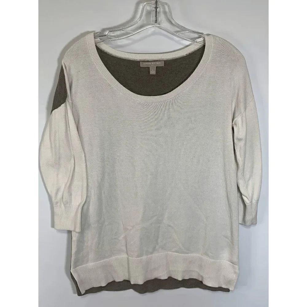 Banana Republic Women's Knit Scoop Neck 3/4 Sleeve Sweater White Gray Size Small